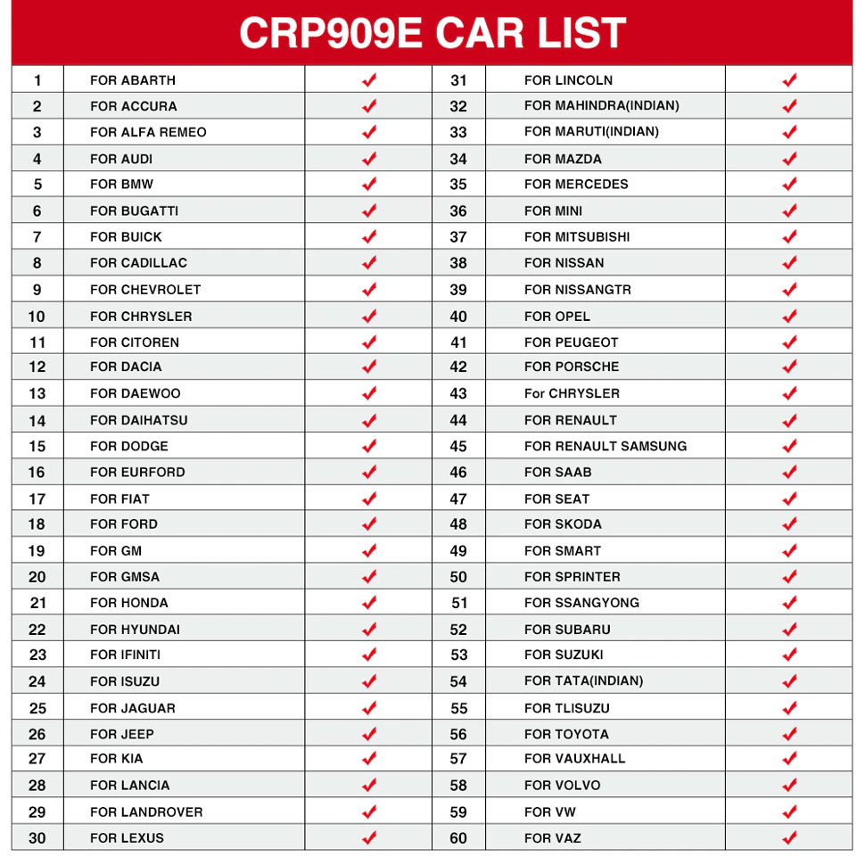 launch crp919e vehicle list