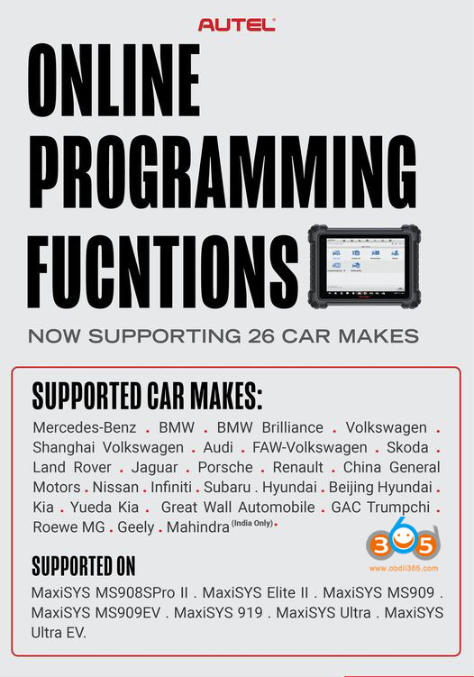 Autel Supports Online Programming for 26 Car Brands