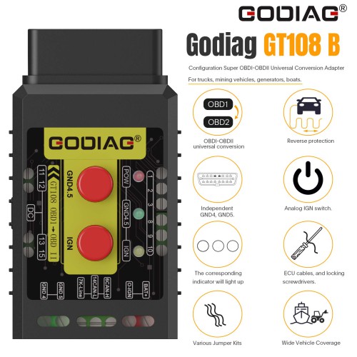 GODIAG GT108 Super OBDI-OBDII Universal Conversion Adapter BUS, Tractors, Excavator, Mining Vehicles, Generators, Boats, Agricultural Machinery