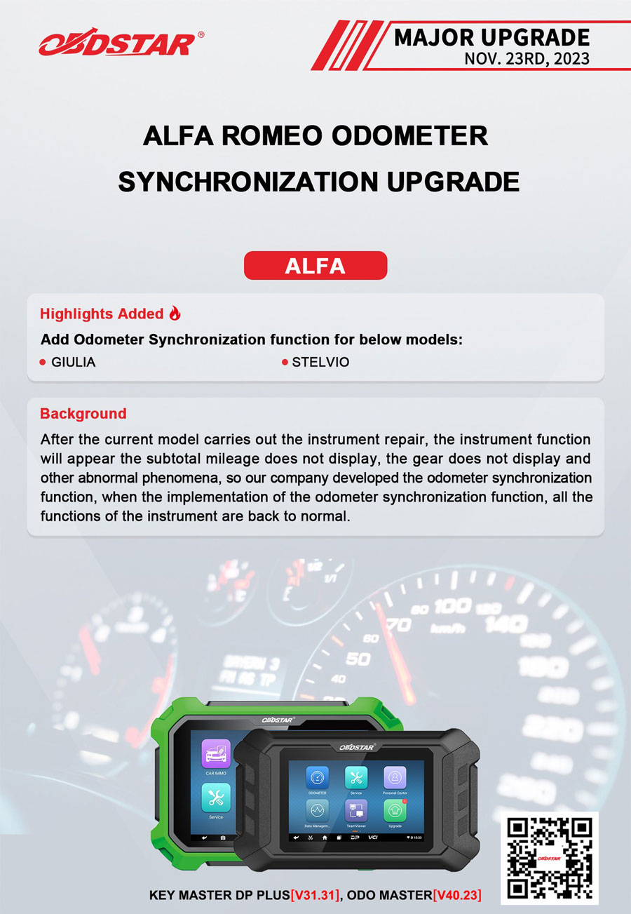obdstar odomaster Alfa Romeo Guilia, Stelvio odometer synchronization 