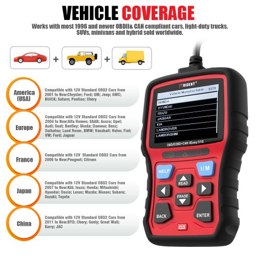 (UK Ship No Tax) Vident iEasy310 OBDII Scanner OBD2 Code Reader with Battery Test Function Multi-Language Update Online