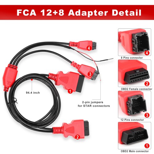 Xtool FCA 12+8+2 Chrysler Dodge Jeep Bypass Cable for Xtool X100 PAD2, PAD3, A80 Pro, D7 D8, D9, D9Pro, EZ400 PRO IK618 IP616 IP819