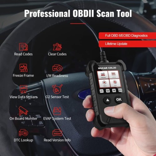 MUCAR CDL20 OBDII Code Reader Check Engine Car Code Reader with Full OBD2 Functions, Vehicle Info/MIL/EVAP/ Freeze Frame/ DTC Library