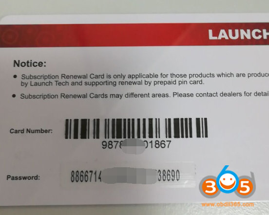 Launch X431 Subscription Renewal Card
