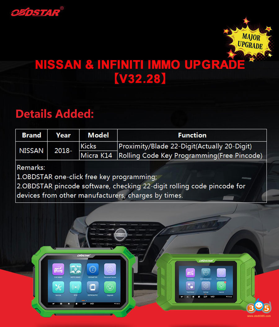 OBDSTAR Nissan/Infiniti software V32.28 adds Nissan 2018- Kicks and 2018- Micra K14