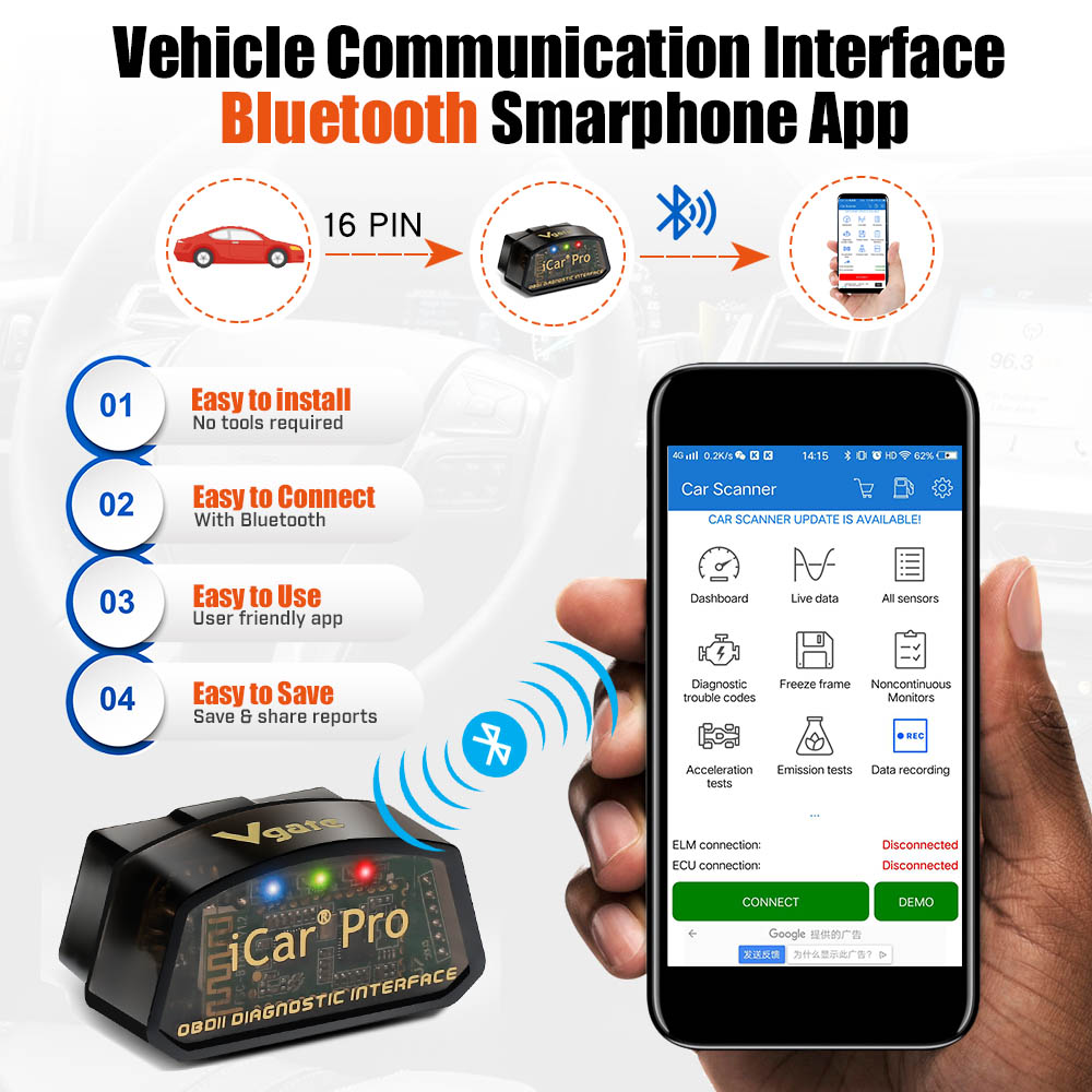Vgate iCar Pro Bluetooth OBDII Scanner for Android & iOS Firmware V2.3