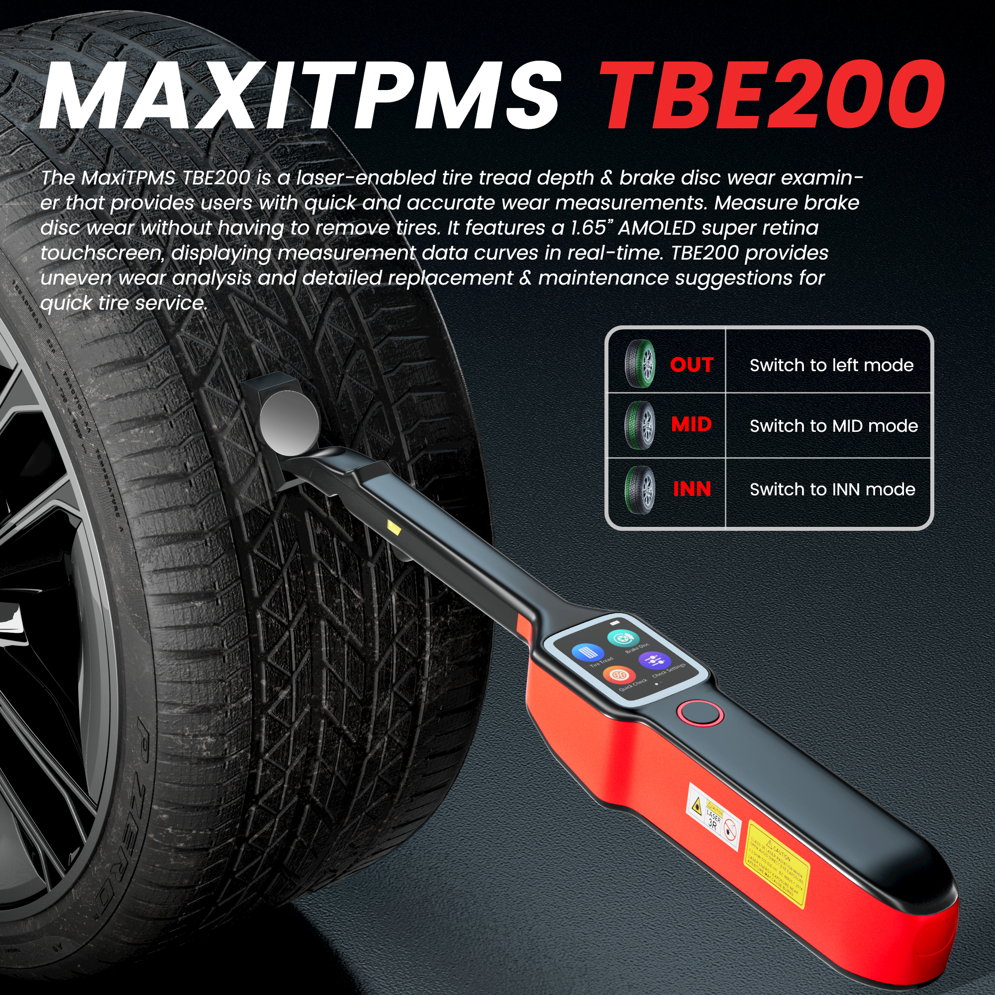 MaxiTPMS TBE200E Laser Tire Tread Depth&Brake Disc Wear Examiner Real-time tool 