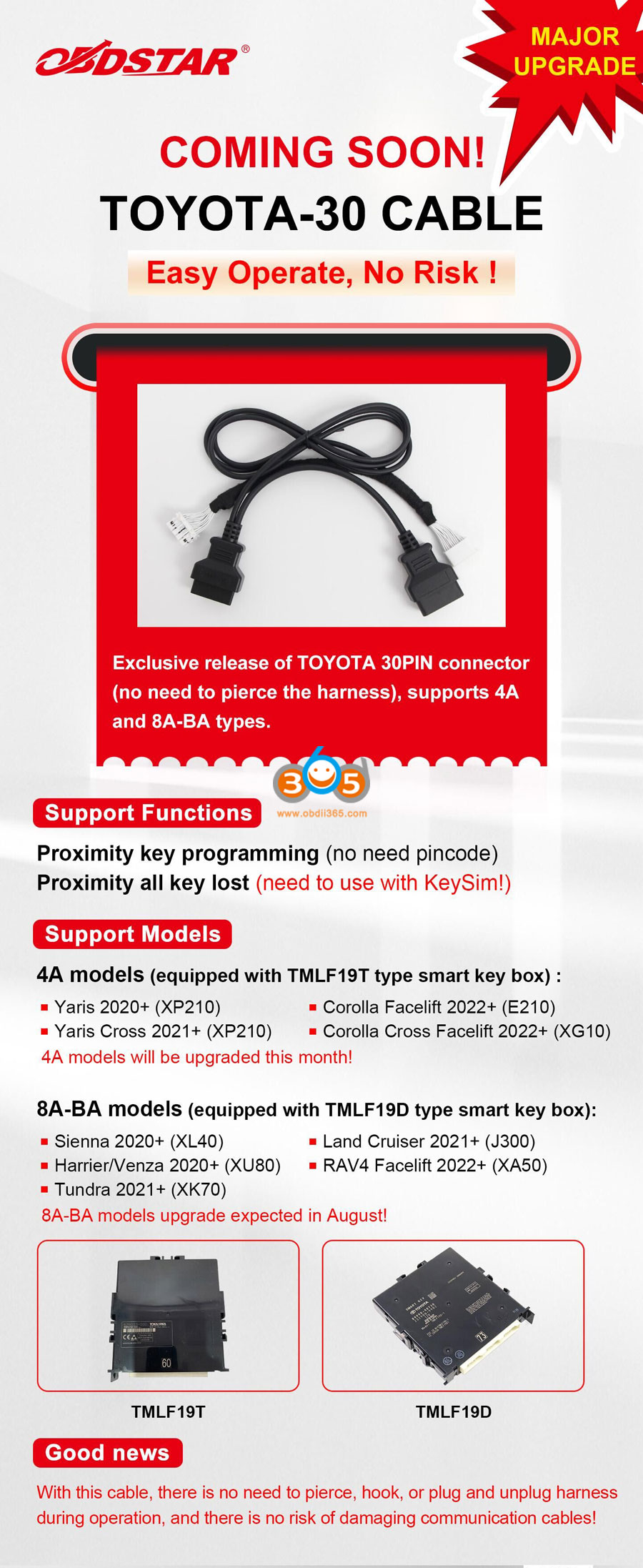 OBDSTAR Toyota 30-PIN Cable for 4A 8A-BA Proximity 