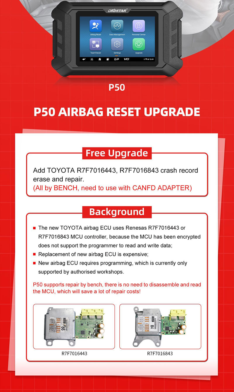 obdstar p50 Adds Toyota R7F7016443, R7F7016843 airbag