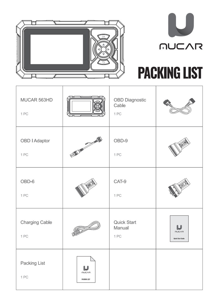 MUCAR 563HD Heavy-duty Diagnostic Scanner package list