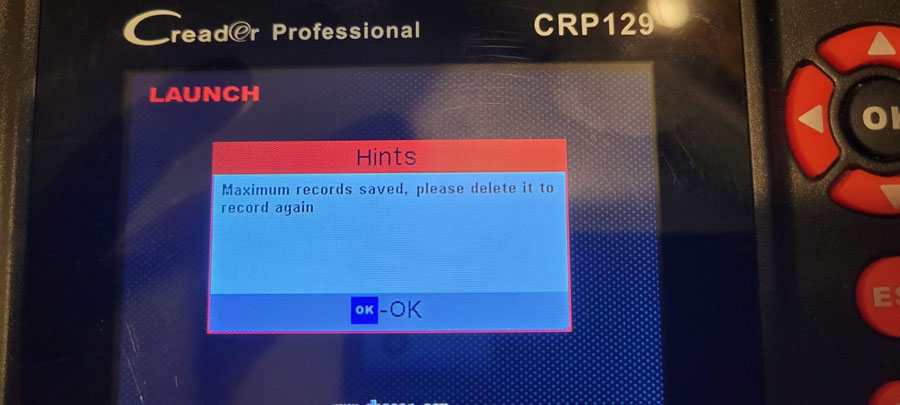 Launch CRP129 Scanner 'Maximum records saved' Error 